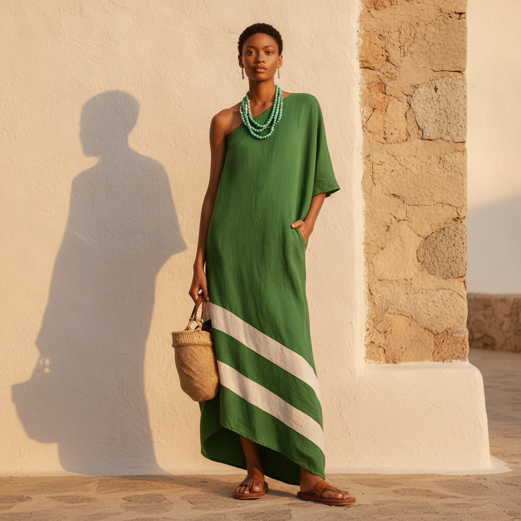 Linen-Look One-Shoulder Dress, Color-Block Cut